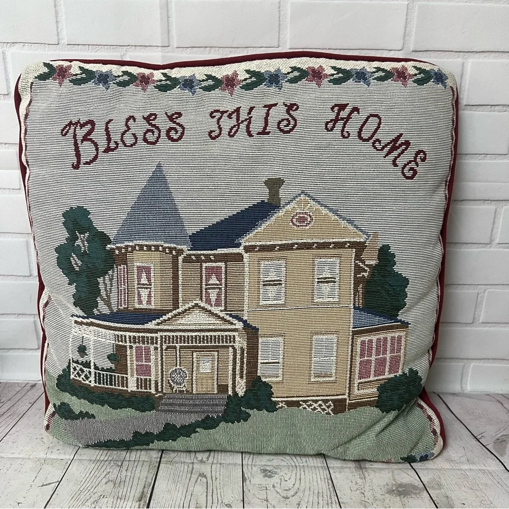 Cottage Core Tapestry Bless This Home Accent Throw Pillow Victorian House VTG